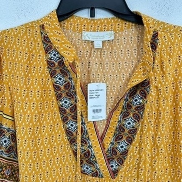 Weekend Suzanne Betro Boho Tunic Top Size L Elbow Flounce‎ Notch Neck Casual NWT - Picture 6 of 10